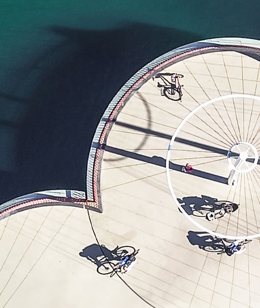 Bird's-eye view of bicycles near water